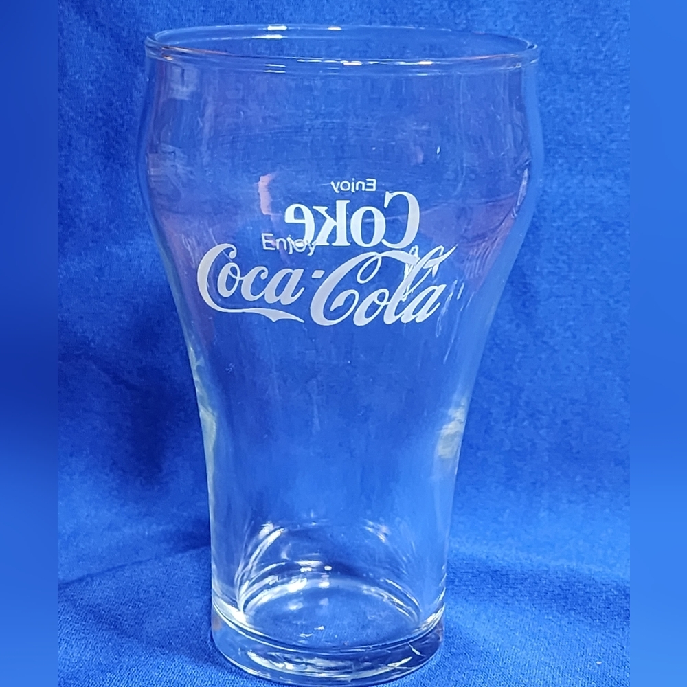 Vintage Enjoy Coca Cola Enjoy Coke Glass 12 oz Clear w/ White Graphics 5” Tall